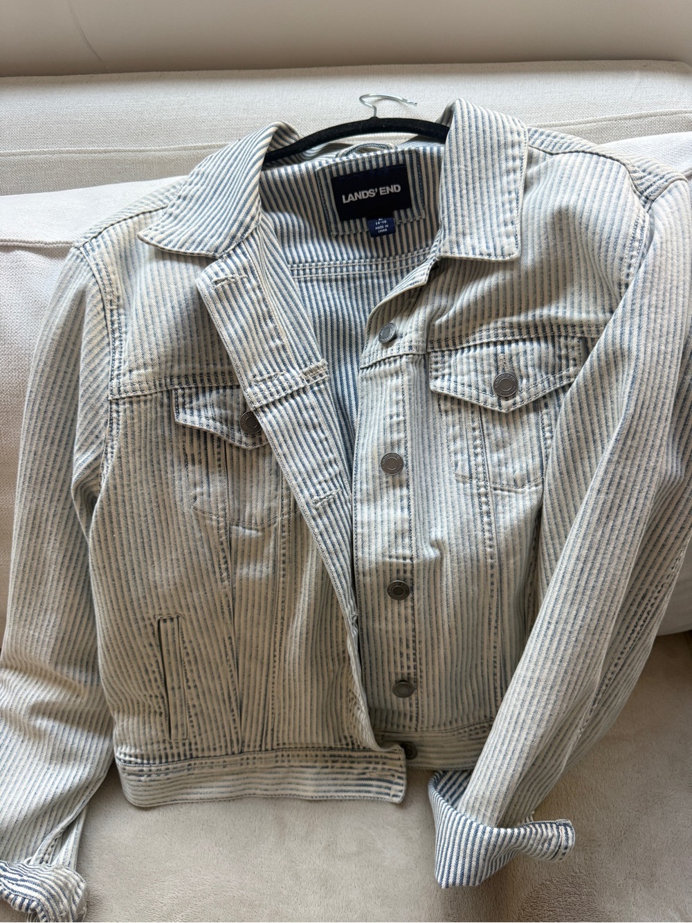 Lands' End Women's Blue & White Striped Denim Jacket